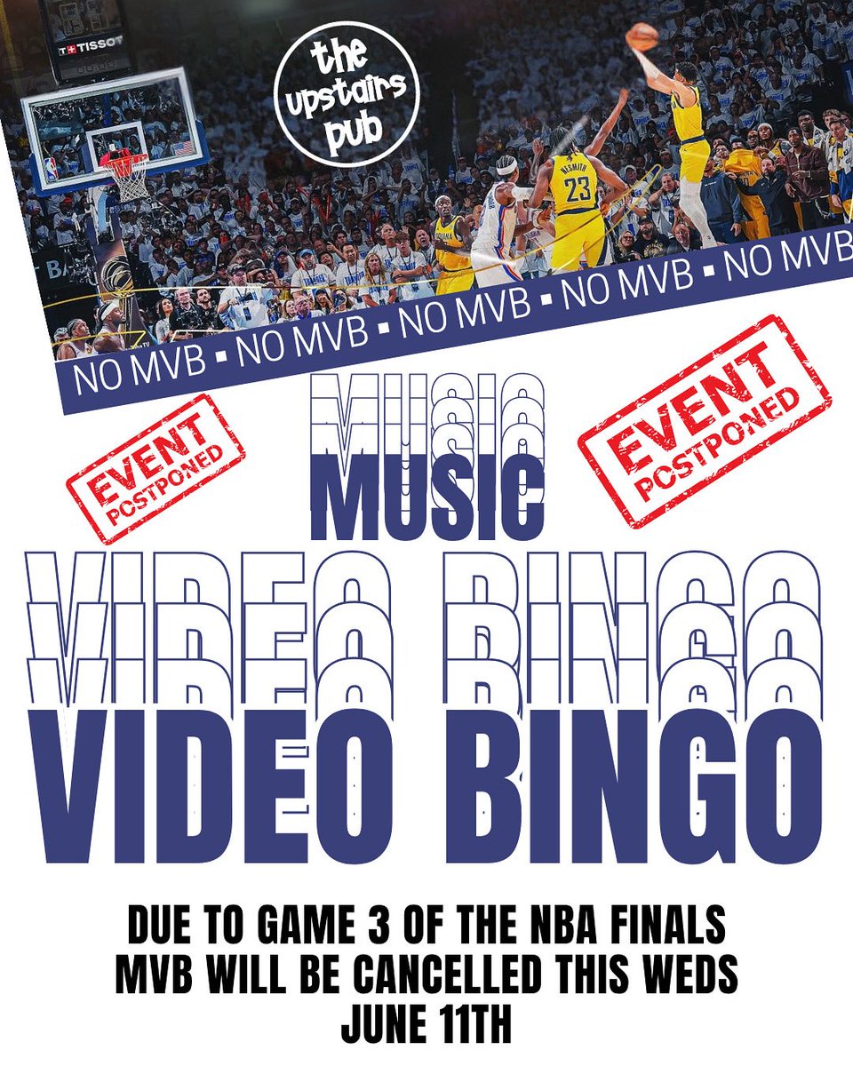 UpstairsPub_IU's tweet photo. Not the ending we envisioned for game two last night, so, focus shifts to the Circle City and Game 3 at Gainbridge Fieldhouse...

Speaking of Weds - we'll be postponing MVB this week because of the OKC & Pacers game. @MusicVideoBingo will return on Wednesday, June 18th at its regular time (9pm)