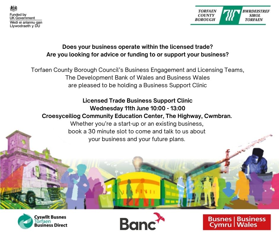Torfaen Business Direct (@torfaenbiz) on Twitter photo ℹ️Are you a Licenced Premises looking for advice or funding to support your business?
<a href="/torfaencouncil/">Torfaen Council 🏴🇺🇦</a> Business Engagement & Licencing Teams
<a href="/devbankwales/">Development Bank of Wales</a> <a href="/_businesswales/">Business Wales</a>
are holding a dedicated Business Clinic
📅Wednesday 11th June 10-1pm
Book here 👇
torfaen.gov.uk/en/LeisurePark… ℹ️Are you a Licenced Premises looking for advice or funding to support your business?
<a href="/torfaencouncil/">Torfaen Council 🏴🇺🇦</a> Business Engagement & Licencing Teams
<a href="/devbankwales/">Development Bank of Wales</a> <a href="/_businesswales/">Business Wales</a>
are holding a dedicated Business Clinic
📅Wednesday 11th June 10-1pm
Book here 👇
torfaen.gov.uk/en/LeisurePark…