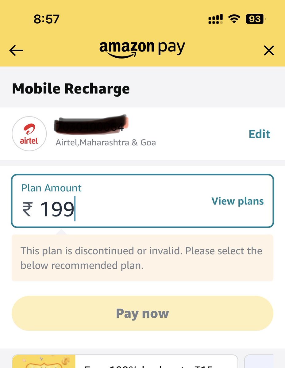 Roshaan Narkedayy (@conciseguy) on Twitter photo Airtel ₹199 recharge still available on Airtel app, but shows “discontinued” on Amazon. Just a tech glitch or a subtle nudge to push higher-value packs? 🤔
<a href="/airtelindia/">airtel India</a> <a href="/amazonIN/">Amazon India</a> Airtel ₹199 recharge still available on Airtel app, but shows “discontinued” on Amazon. Just a tech glitch or a subtle nudge to push higher-value packs? 🤔
<a href="/airtelindia/">airtel India</a> <a href="/amazonIN/">Amazon India</a>