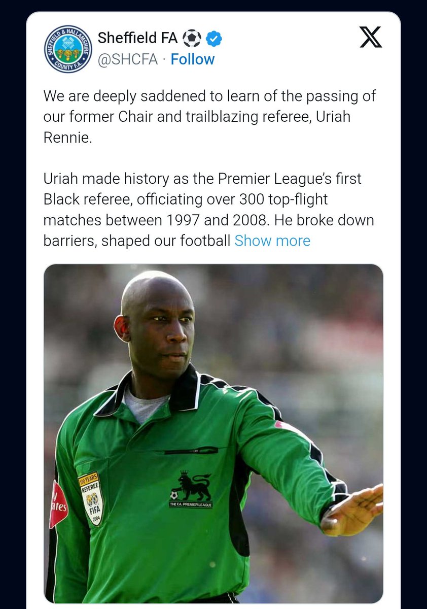 RIP Uriah Rennie

First black referee to officiate in the Premier League. Forever an important figure in the game