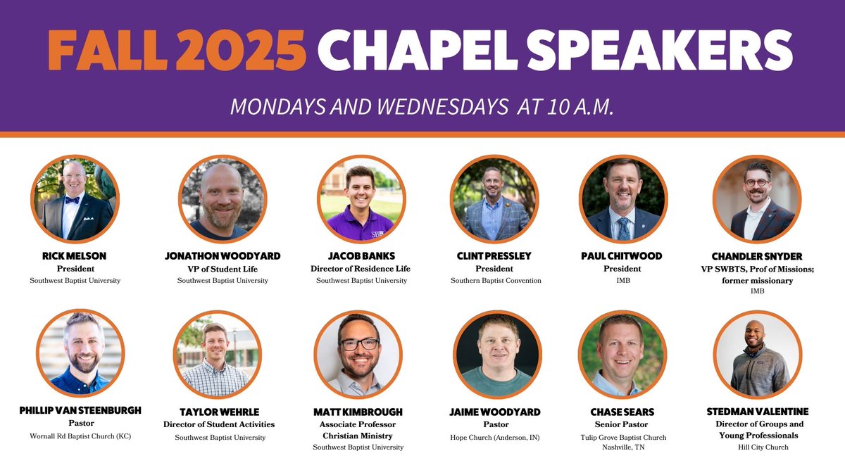 SWBaptist University (@sbuniv) on Twitter photo Announcing our Fall 2025 chapel speaker lineup, including SBU faculty/staff and nationally-known guests such as <a href="/pastorclint/">Clint Pressley</a> <a href="/DrPaulChitwood/">Paul Chitwood</a> <a href="/CMSnyder/">Chandler Snyder</a> <a href="/pchasesears/">Chase Sears</a>. Check us out live on YouTube every Monday & Wednesday at 10 a.m. starting in August. Announcing our Fall 2025 chapel speaker lineup, including SBU faculty/staff and nationally-known guests such as <a href="/pastorclint/">Clint Pressley</a> <a href="/DrPaulChitwood/">Paul Chitwood</a> <a href="/CMSnyder/">Chandler Snyder</a> <a href="/pchasesears/">Chase Sears</a>. Check us out live on YouTube every Monday & Wednesday at 10 a.m. starting in August.