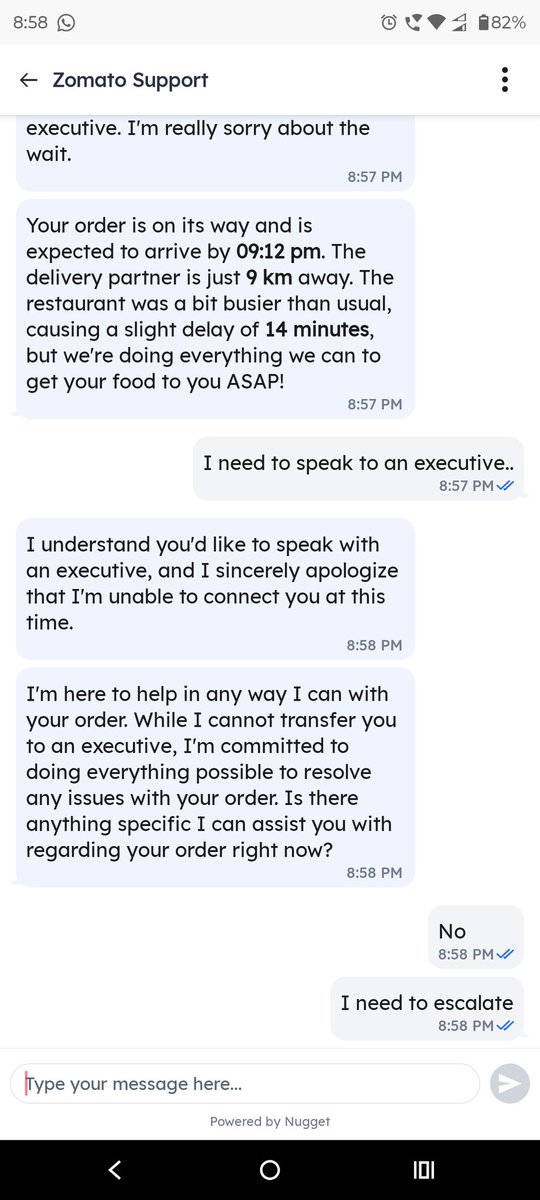 exploremaninder's tweet photo. @zomatocare Look at this. Bot is not allowing to contact the executive. Order is 18 mins delayed. #zomato #patheticservice #servicefail #CustomerCare #customerService @grok please note. https://t.co/grhcltjupu