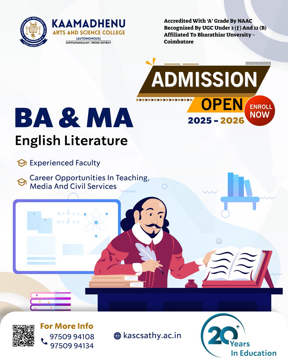 Kaamadhenu2025's tweet image. 📚 Unlock Your Literary Future at Kaamadhenu Arts and Science College!

Admissions are now open for the 2025–2026 academic year for BA &amp;amp; MA in English Literature 
📞 Contact us:
📱 97509 94108 🌐 Visit: kascsathy.ac.in

#englishliterature #baenglish #maenglish