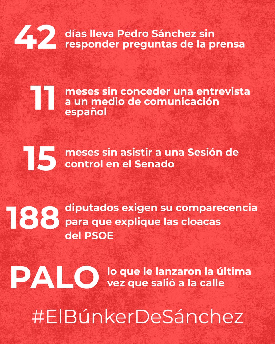Sin explicaciones. 
Sin respuestas. 
Sin vergüenza. 

#ElBúnkerDeSánchez
