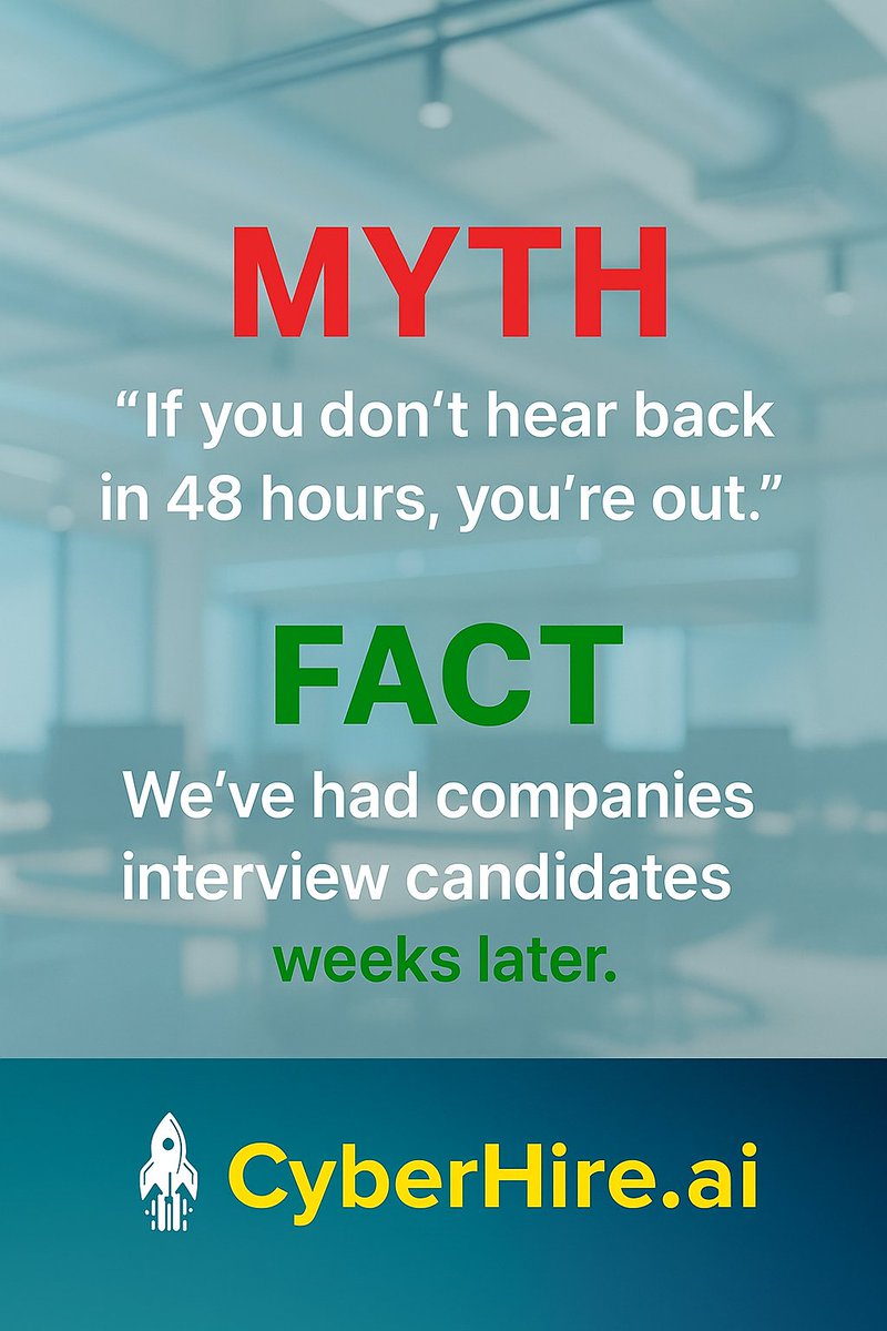 CyberHireAi's tweet photo. 🔥 Myth-Busting Monday

✖️MYTH: “If you don’t hear back fast, it’s over.”
✅ FACT: We’ve had candidates get interviews weeks later.
Just because it's quiet doesn't mean you're out.
Keep showing up — we’ll do the same at https://t.co/yg9DoIVckj 
#CyberHire #Sales #Ai #memes #SaaS https://t.co/gUTsB1Pg3P
