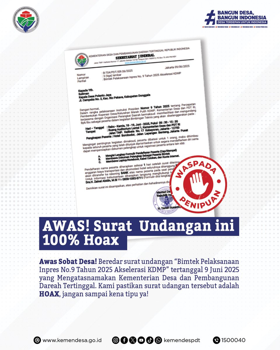 yosdbili's tweet photo. Sobat P3MD, Perhatian !!!!  Ttp bijak, teliti, dan berhati-hati dlm menerima segala bentuk informasi ats nama Kemendesa dan PDT. Informasi ttg program dan kegiatan akan sllu disampaikan melalui kanal resmi. Selalu cari kebenarannya dulu, jangan termakan informasi Hoax https://t.co/jKn3a0wy7K