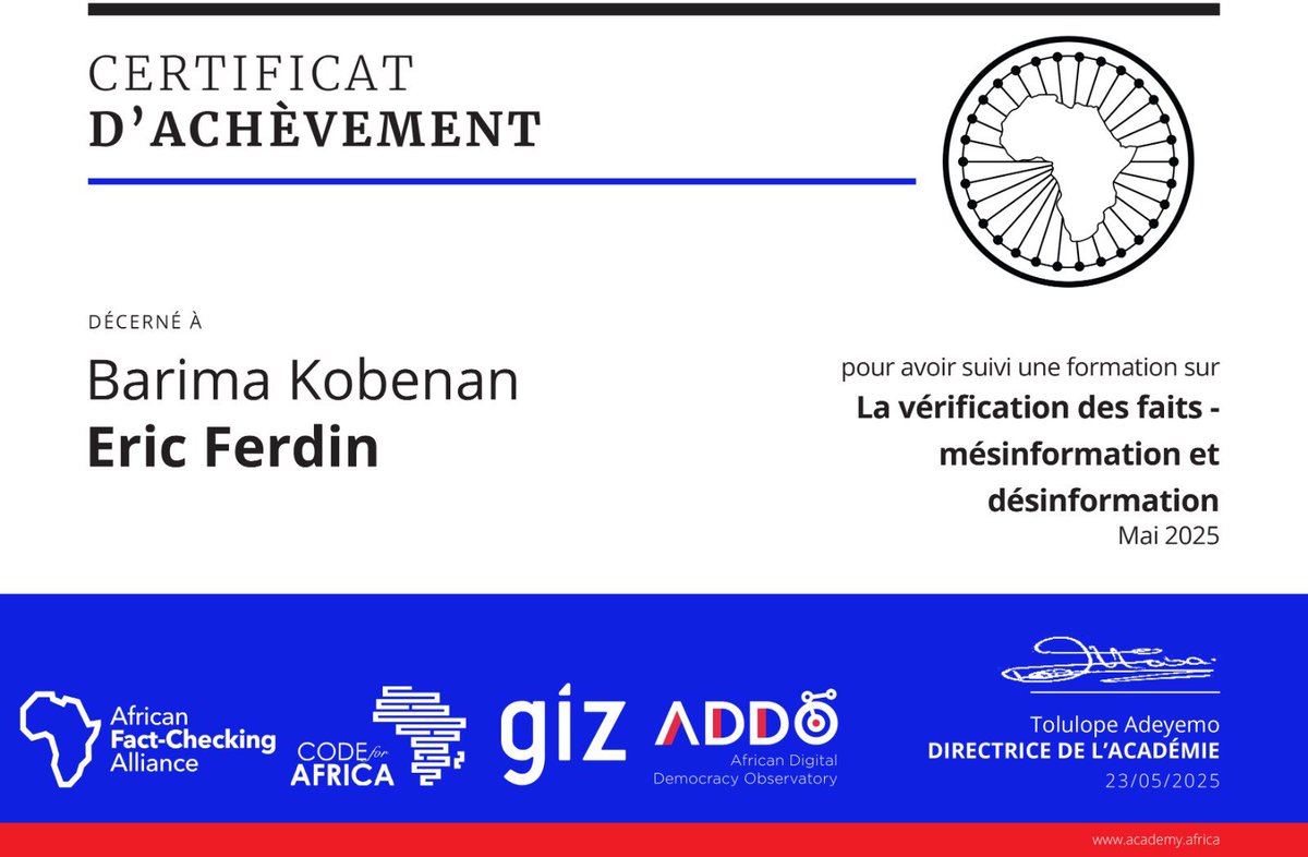 EricBarima84's tweet photo. Après un mois de formation sur la vérification des faits, la mésinformation et la désinformation dispensé par Code For Africa suite au programme Giz SREWA, nous avons obtenu ce certificat qui fait de nous des apprentis fact checkeur. Nous sommes désormais outillés. https://t.co/neCGM5QuE8