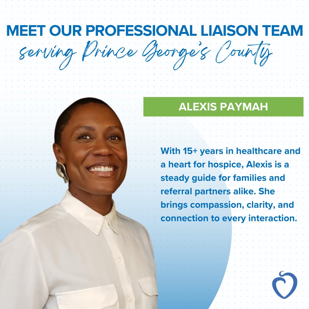 Meet Alexis Paymah, Hospice Liaison for Prince George’s County. With 15+ years in healthcare, she brings compassion, guidance, and advocacy to every family she serves. 

Her mantra: “Meet people where they are and walk with them where they need to go.”