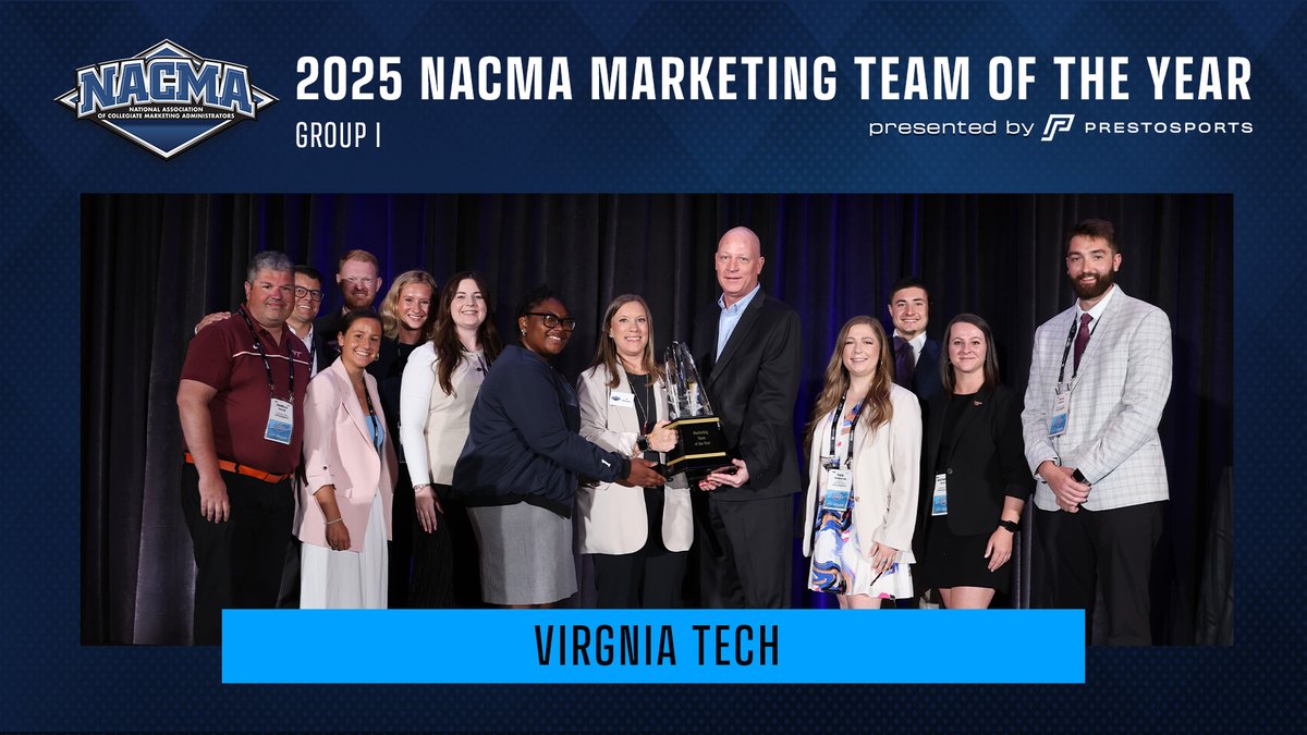 NACMANews's tweet photo. Congratulations to @hokiesports, the 2025 Group I NACMA Marketing Team of the Year, presented by @PrestoSports!

#NACMA25 https://t.co/kOqmYdvqPC