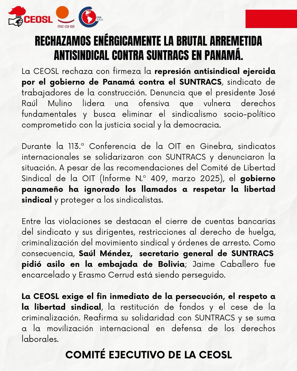 prensaceosl's tweet photo. Denunciamos la persecución del gobierno panameño contra @SuntracsPanama
Desde la CEOSL exigimos respeto a la libertad sindical y nos solidarizamos con el pueblo trabajador de Panamá.

#SolidaridadInternacional #LibertadSindical #SUNTRACS https://t.co/V7U9kk8X8s