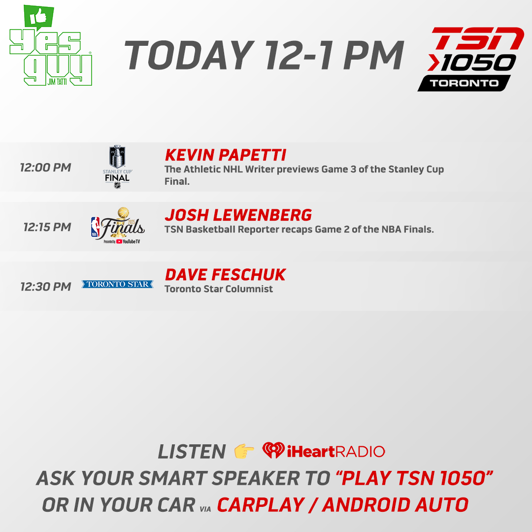 TSN1050Radio's tweet photo. On the Monday edition of #YesGuy, @jimtatti will be joined by @KPapetti, @JLew1050 and @dfeschuk!
Listen from 12-1pm on your home speakers, @TSN_Sports App, @iHeartRadioCA App or https://t.co/8xXmOKeYky! https://t.co/52LVYqd2Na