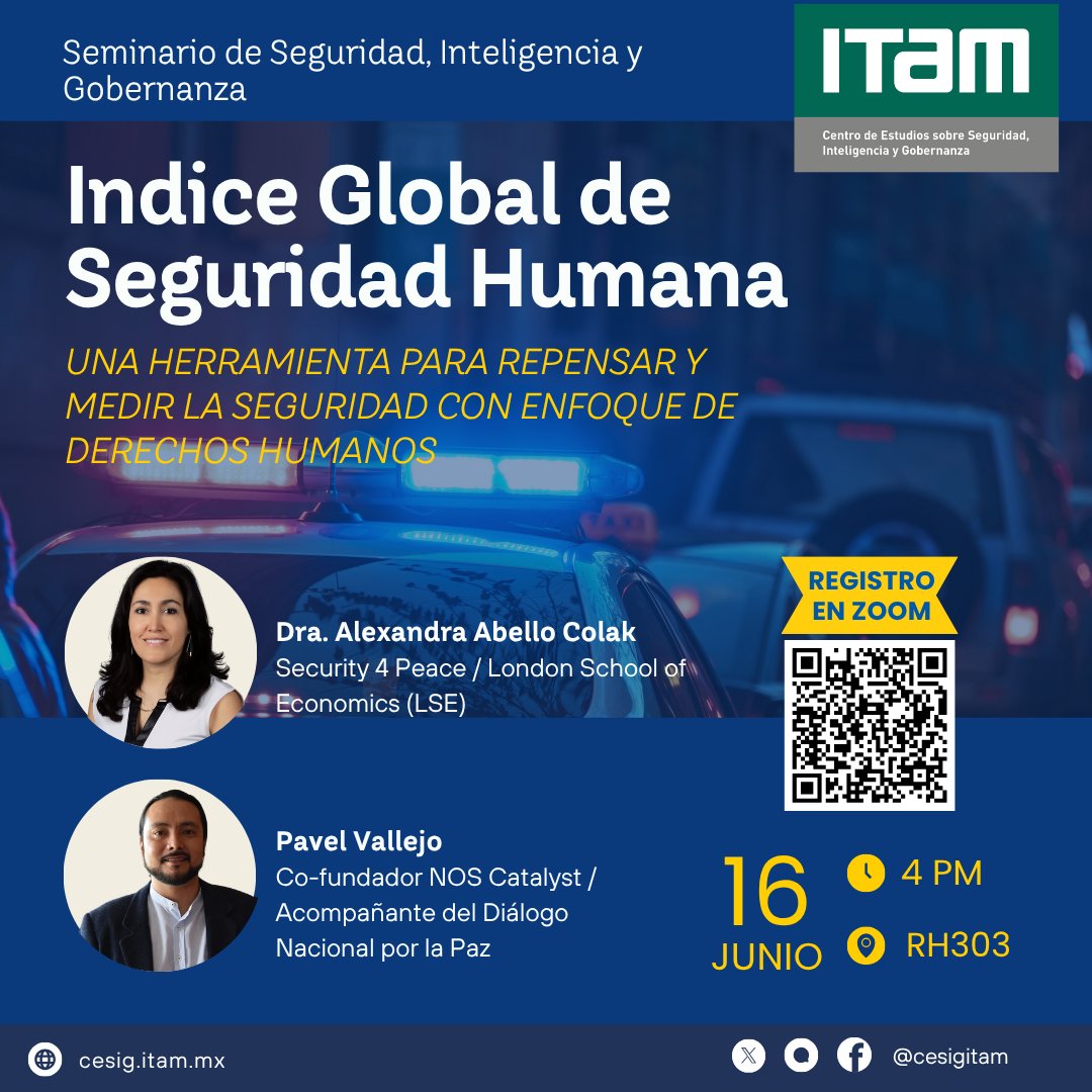 La #SeguridadHumana no es solo ausencia de violencia. También es salud mental, confianza comunitaria, acceso a justicia y entornos seguros.

👉 Descubre el #ÍndiceGlocal con <a href="/AbelloColak/">Alexandra Abello Colak</a> 

📍 <a href="/ITAM_mx/">ITAM</a> (Salón 303 RH)
🗓️ 16 de junio
🕓 4pm
🔴 Zoom: shorturl.at/TL4xW