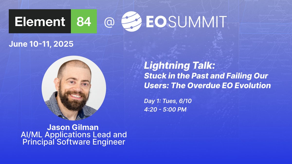 Element 84 (@element84) on Twitter photo We're on our way to New York for <a href="/EOSummitConf/">EO Summit</a>!
<a href="/JasonGilman/">Jason Gilman</a> will be sharing his talk, "Stuck in the Past and Failing Our Users: The Overdue EO Evolution" during the Lightning Talks on day 1, and we're looking forward to awesome conversations with end users throughout the event. We're on our way to New York for <a href="/EOSummitConf/">EO Summit</a>!
<a href="/JasonGilman/">Jason Gilman</a> will be sharing his talk, "Stuck in the Past and Failing Our Users: The Overdue EO Evolution" during the Lightning Talks on day 1, and we're looking forward to awesome conversations with end users throughout the event.