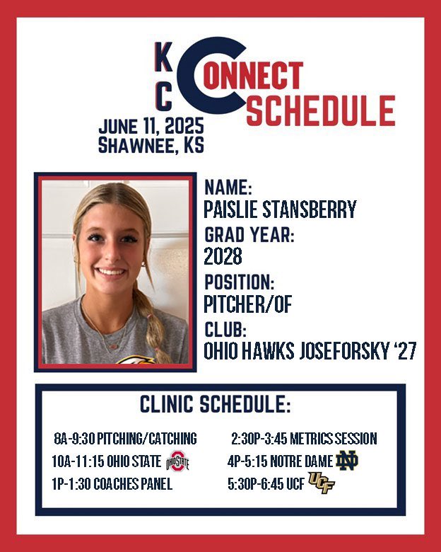 Paislie Stansberry (@paislieelaine) on Twitter photo Looking forward to and excited to pitch at the Top Gun Invitational camp in Kansas City this week!
#keepworking
<a href="/Ohiohawks09King/">Ohio Hawks 2027 National-King/Joseforsky</a> <a href="/OhioStateSB/">Ohio State Softball</a> <a href="/Coach2K_OSU/">Kirin Kumar</a> <a href="/UCF_Softball/">UCF Softball</a> <a href="/CoachBallMalone/">Cindy Ball-Malone</a> <a href="/NDsoftball/">Notre Dame Softball</a> <a href="/2Ganeff/">Kris Ganeff</a> <a href="/DDSBandEvents/">Diamond Direction</a> <a href="/LaurenLengel/">Lauren Lengel</a> <a href="/fouronesports/">Four One Sports</a> Looking forward to and excited to pitch at the Top Gun Invitational camp in Kansas City this week!
#keepworking
<a href="/Ohiohawks09King/">Ohio Hawks 2027 National-King/Joseforsky</a> <a href="/OhioStateSB/">Ohio State Softball</a> <a href="/Coach2K_OSU/">Kirin Kumar</a> <a href="/UCF_Softball/">UCF Softball</a> <a href="/CoachBallMalone/">Cindy Ball-Malone</a> <a href="/NDsoftball/">Notre Dame Softball</a> <a href="/2Ganeff/">Kris Ganeff</a> <a href="/DDSBandEvents/">Diamond Direction</a> <a href="/LaurenLengel/">Lauren Lengel</a> <a href="/fouronesports/">Four One Sports</a>