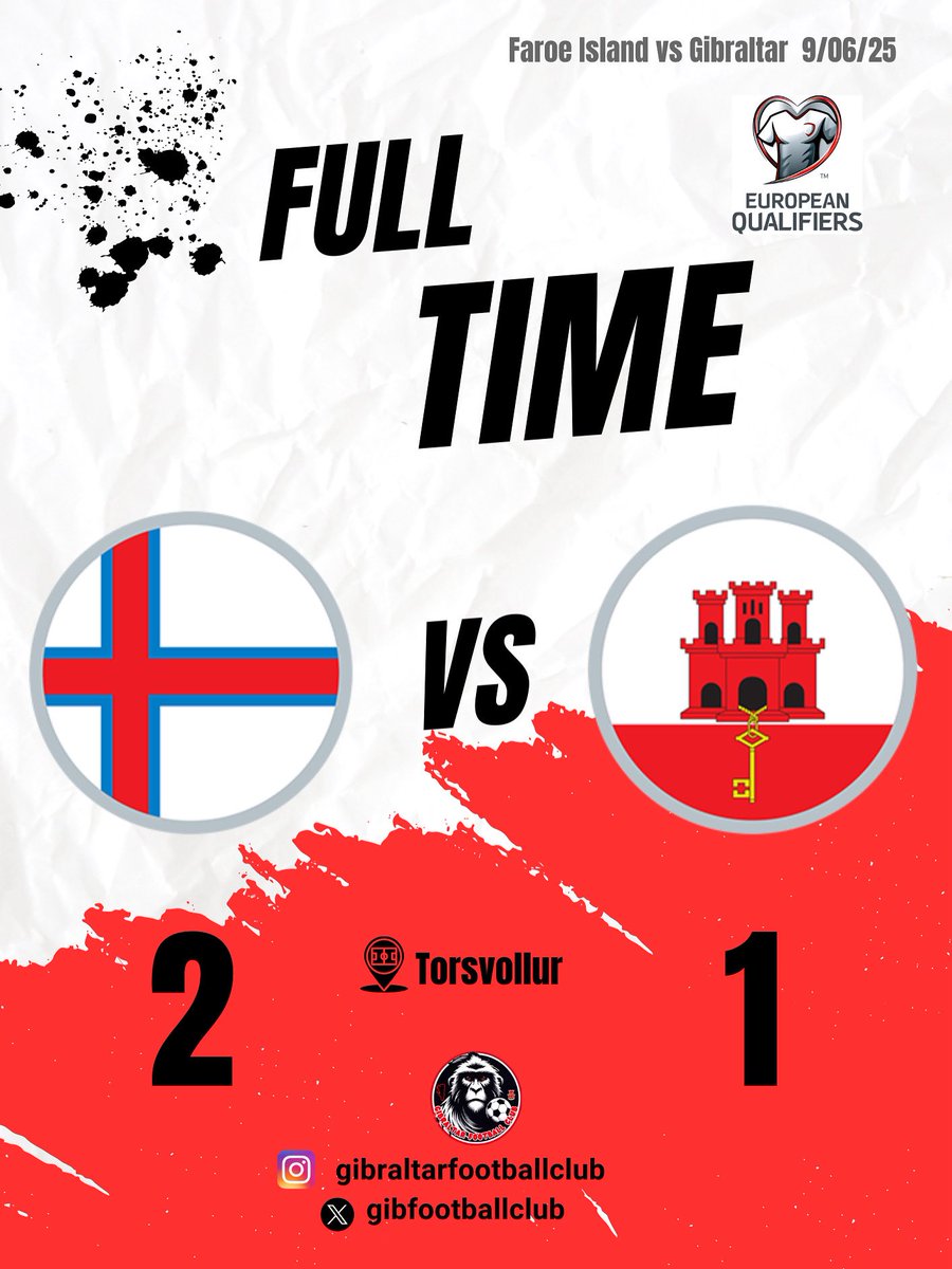 Full Time |  🇫🇴🆚🇬🇮  
Faroe Islands back the match.

⚽️James Scanlon scored a goal in the 23’ of the match.

This concludes the season for the Gibraltar national team and already thinking about the matches they have again in September, for new qualifiers.

#europeanqualifiers