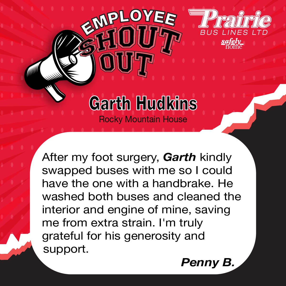 PrairieBus's tweet photo. Shout-Out for Rocky Mountain House school bus driver, Garth Hudkins, from an appreciative colleague, Penny B. Great job, Garth! Thank you for always representing PBL in such a professional and helpful manner!

#Safelyhome #Employeeappreciation #Shoutout #PrairieBusLines #PBL https://t.co/eYg99y4eCb