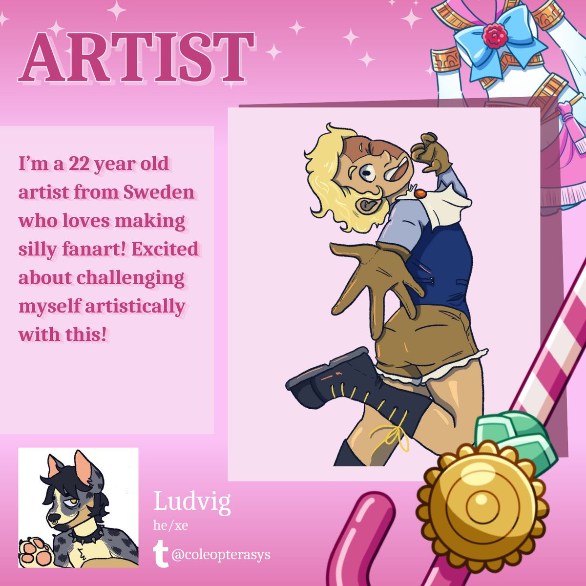 OpMagicalGirls's tweet photo. ✨Contributor Spotlight💖

Introducing Ludvig, a page artist who is an artist from Sweden who loves making silly fanart!

#opzine #contributorspotlight https://t.co/Q2sWsxD0oE