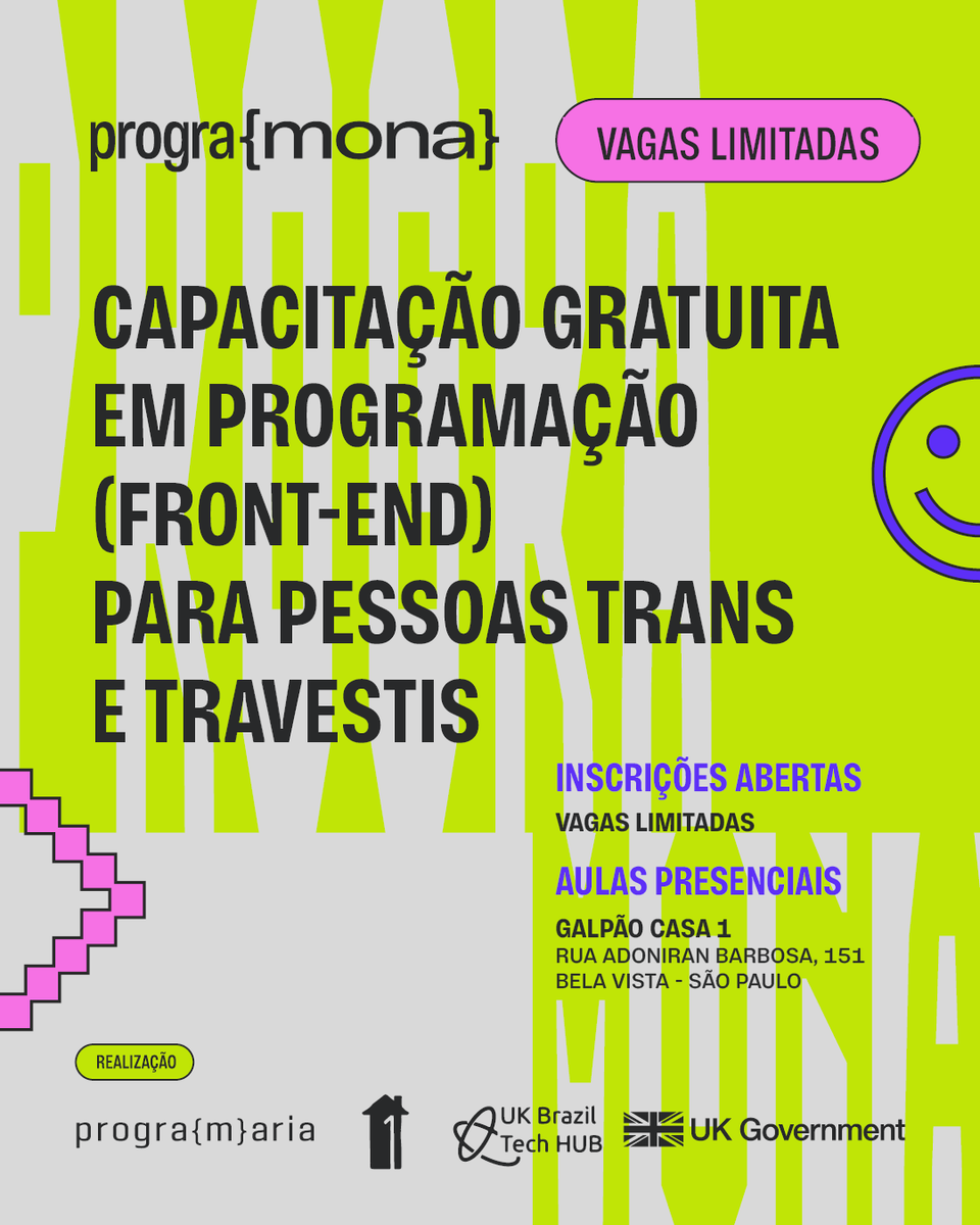 programaria's tweet image. Chegou a PrograMona! Uma capacitação gratuita e presencial em programação Front-End, feita para pessoas trans e travestis que querem começar na tecnologia.

Não precisa ter experiência, só vontade de aprender!

👉🏽Inscreva-se: bit.ly/programona