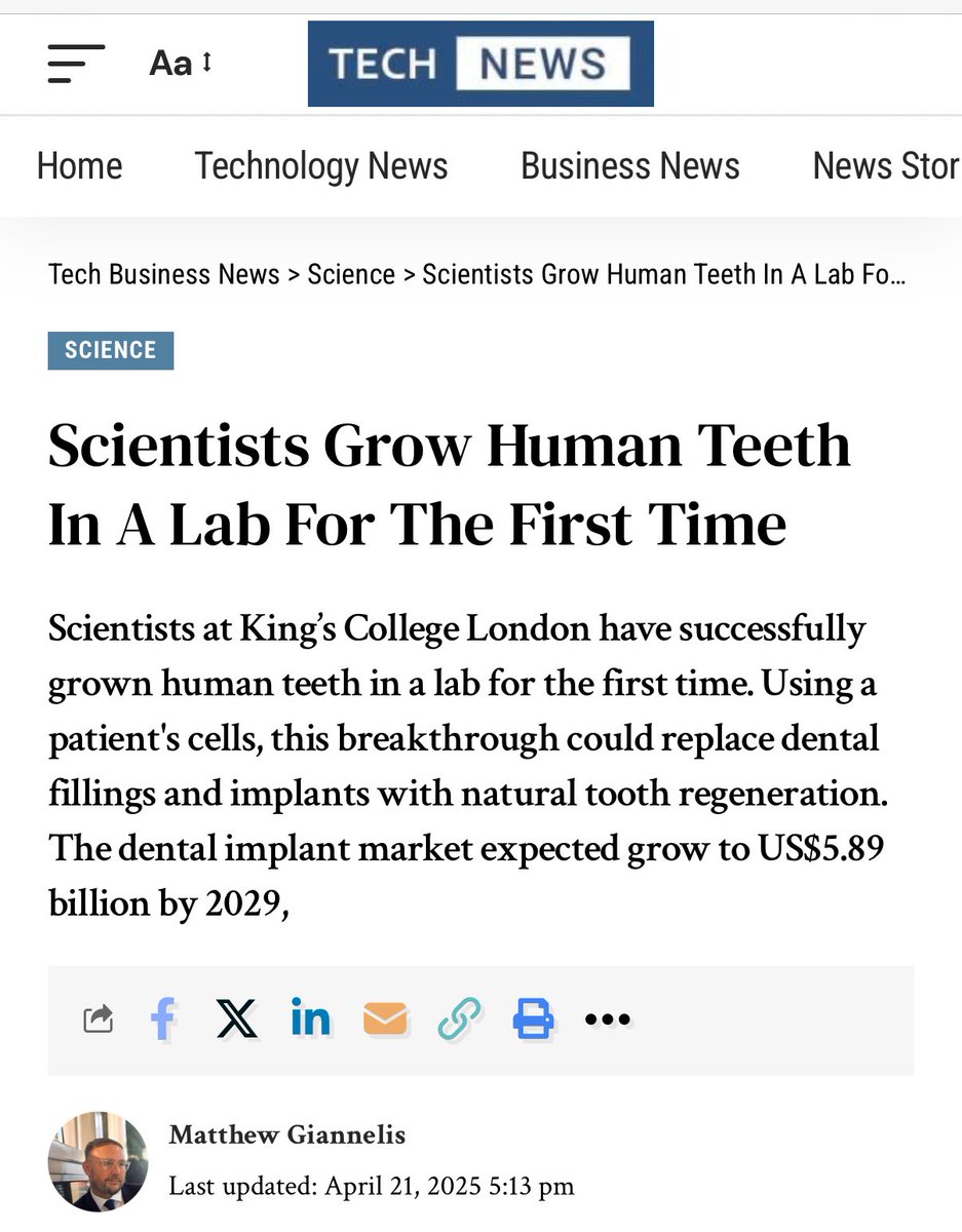 kimmonismus's tweet photo. This is so big: Scientists Grow Human Teeth In A Lab For The First Time
This could be the breakthrough we needed https://t.co/oFv2G2DAJO