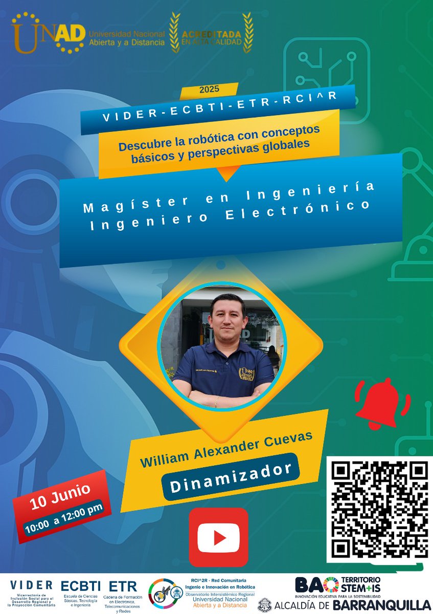 <a href="/nmmorenol/">Mile Moreno Ph.D</a> <a href="/jhonfer25/">Jhon Castro</a> ¡La #RobóticaComunitaria se toma la UNAD 5.0!
Únete a esta jornada donde aprenderás sobre conceptos básicos y perspectivas globales de la robótica, organizada por la Red Comunitaria de Ingeniería e Innovación en Robótica.
📅 10 de junio | 🕙 10:00 a. m. – 12:00 p. m.