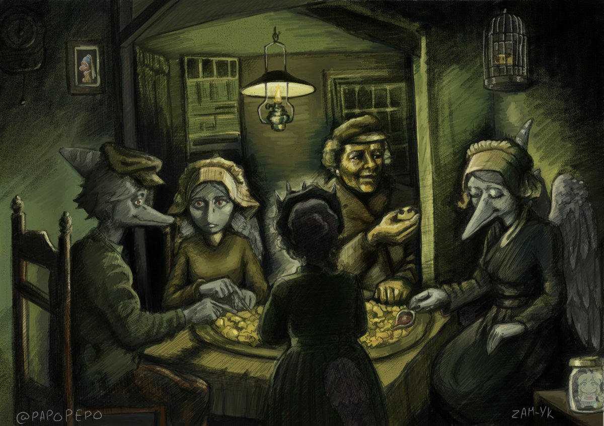 "Los comedores de dino-nuggies "
Parodia del cuadro de Van Gogh
"Los comedores de Patatas"

#Snootgame #snootgamefanart