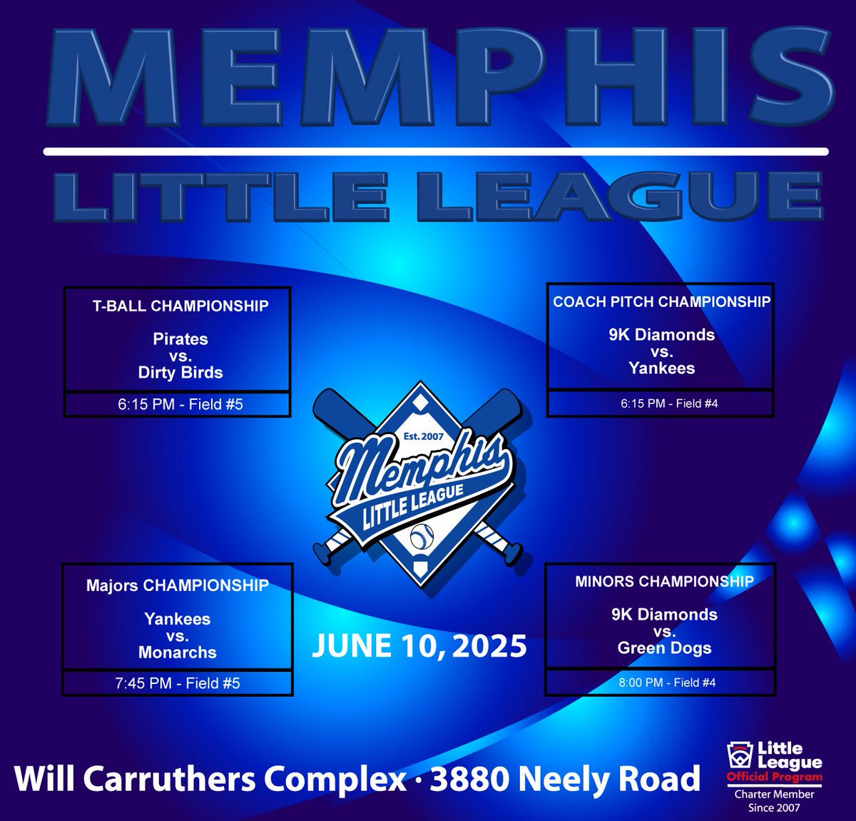 MemphisLLB's tweet image. Our championship games have been rescheduled for June 10th. We invite you to attend.

#MLLOneTeamOneDream