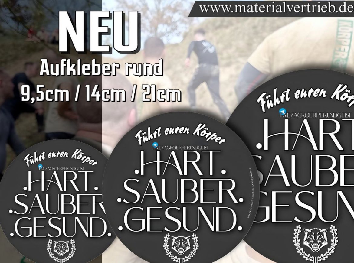 IIIWegNordOst's tweet photo. AG #KÖRPER &amp; #GEIST AUFKLEBER/RUND - HART, SAUBER, GESUND - IN 3 GRÖßEN

Sofort ordern und verbreiten:
https://t.co/48wW1YWyFn

#D3W
#derdritteweg https://t.co/fimwQLFfAv