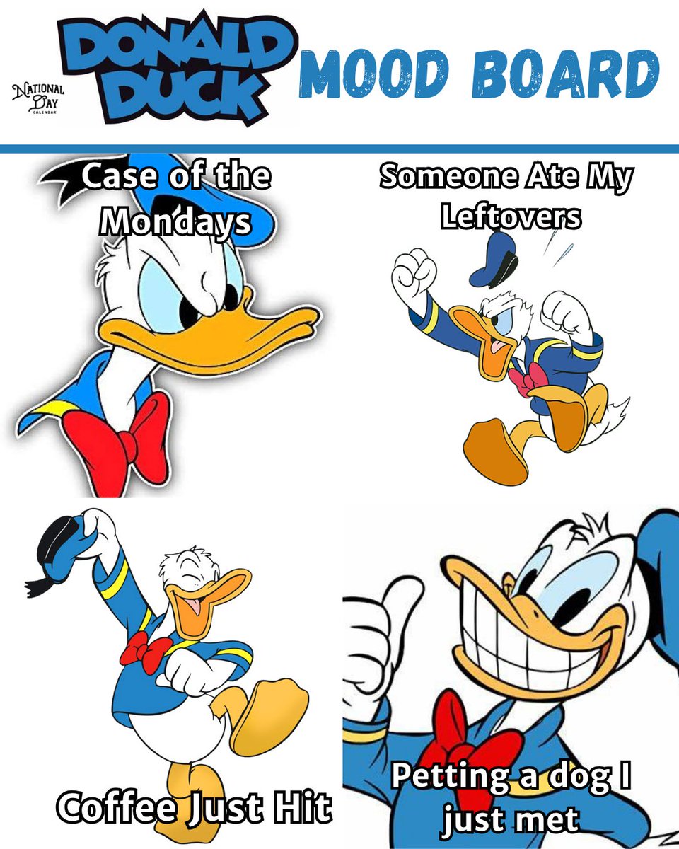 One duck. Infinite moods. Which one are you today? 😜 #NationalDonaldDuckDay

#CelebrateEveryDay #NationalDayCalendar #NationalDayJoke