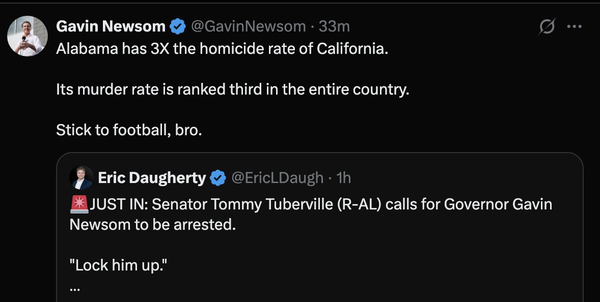Gavin Newsom just demolished Alabama Senator Tommy Tuberville who called for Newsom to be arrested.