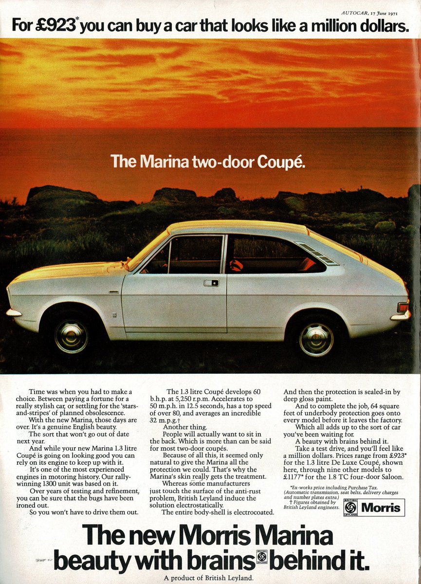 Morris Monday: June 1971 and the brand new two-door Marina Coupe. 

“For £923 you can buy a car that looks like a million dollars.”