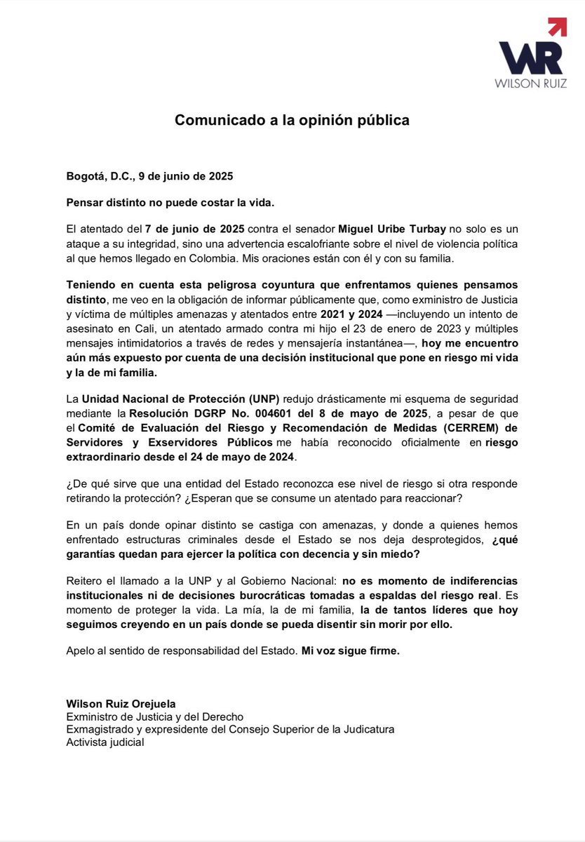 Colombianos, pensar distinto no puede costar la vida. El atentado contra el senador Miguel Uribe no es un hecho aislado; es una señal alarmante del nivel de violencia política al que hemos llegado. Hoy, quienes hacemos oposición vivimos con la preocupación constante de que