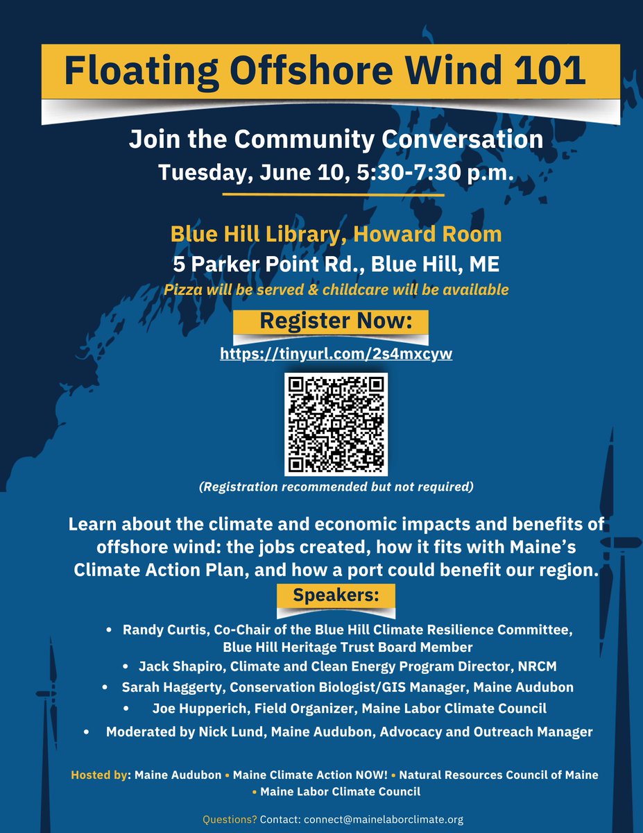 ME_LaborClimate's tweet image. Join the Community Conversation on Floating Offshore Wind on Tues., June 10, from 5:30-7:30 p.m. at the Blue Hill Library! Pizza and childcare will be available. Register now: tinyurl.com/2s4mxcyw