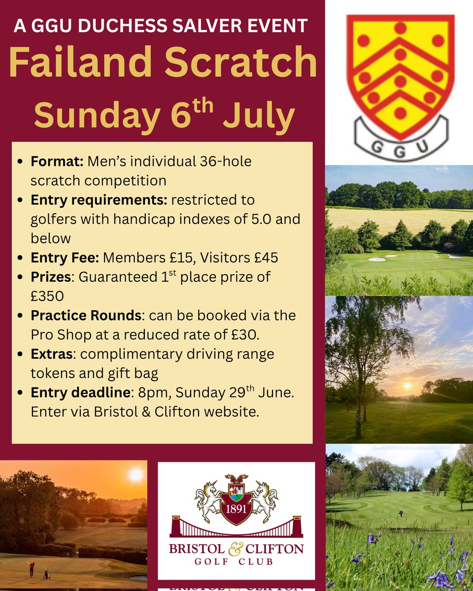 Bristol & Clifton GC (@bandcgolfclub) on Twitter photo Save the date for the Failand Scratch, a <a href="/Glosgolf/">Gloucestershire Golf</a> Duchess Salver Event
- 36 Holes
- Great value
- 1st place Β£350
- Complimentary Range Balls & Gift Bag
We look forward to welcoming you to Bristol & Clifton GC on the day
<a href="/Somerset_G_U/">Somerset Golf Union</a> <a href="/DevonGolf/">DevonGolf</a> <a href="/wiltshire_golf/">Wiltshire Golf</a> <a href="/swsportsnews/">South West Sports News</a> Save the date for the Failand Scratch, a <a href="/Glosgolf/">Gloucestershire Golf</a> Duchess Salver Event
- 36 Holes
- Great value
- 1st place Β£350
- Complimentary Range Balls & Gift Bag
We look forward to welcoming you to Bristol & Clifton GC on the day
<a href="/Somerset_G_U/">Somerset Golf Union</a> <a href="/DevonGolf/">DevonGolf</a> <a href="/wiltshire_golf/">Wiltshire Golf</a> <a href="/swsportsnews/">South West Sports News</a>