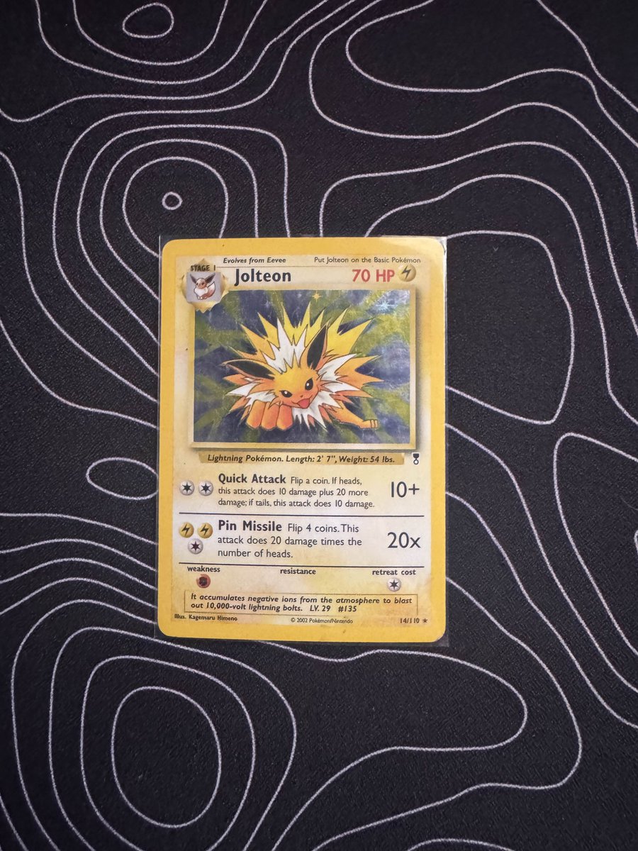 Just finished the Gen One Vintage Collection with this last card. 

The Jolteon from the Legendary Collection set was released in 2002. The card is numbered 14/110 and is a Holo Rare.

Gen Two is only missing 8 cards right now. 
The PokeDex is getting better and better!