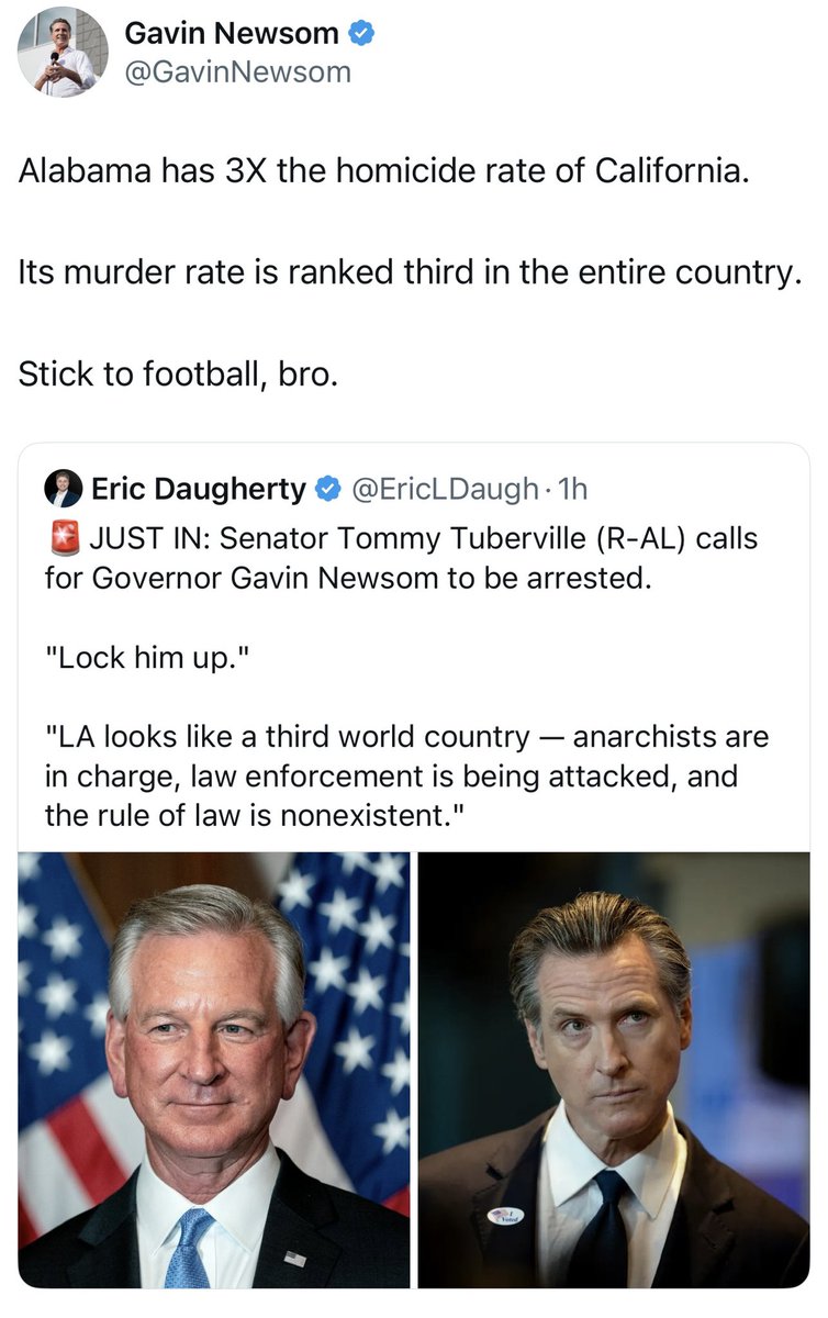 🚨 NEW: California Governor Gavin Newsom tells Sen. Tommy Tuberville (R-AL) to ‘stick to football’

Tuberville is a former college football coach