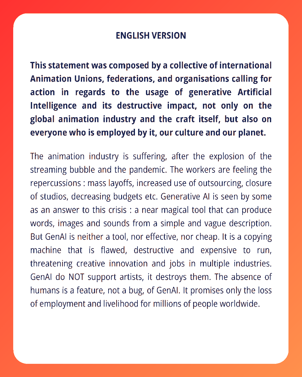 animationguild's tweet photo. TAG has joined a collective of international Animation Unions &amp; organizations calling for action to prevent the destructive impact of GenAI on the global animation industry. For TAG members attending the Annecy Festival, learn more on Thurs., Jun. 12 at 2 p.m. on the Paquier. https://t.co/DzqboWEfhp