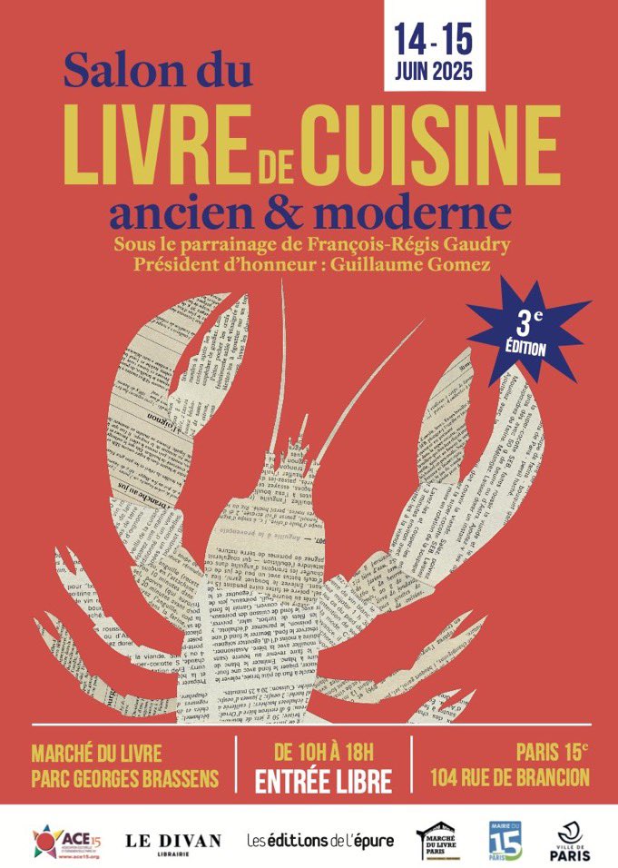 La 3e édition du Salon du Livre de Cuisine de Paris organisée par <a href="/Ace15Asso/">ACE15 La culture à Paris 15</a> se tiendra les 14 et 15 juin prochains à #Paris15, 104 rue Brancion, avec, comme parrain, <a href="/frgaudry/">François-Régis Gaudry</a> chroniqueur de "On va déguster" sur <a href="/franceinter/">France Inter</a>