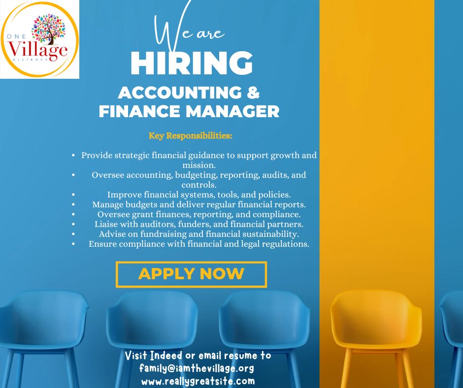 Join the One Village Alliance team as our new Accounting &amp; Finance Manager 💼

Are you a detail-oriented, mission-driven professional ready to help lead financial strategy &amp; growth? We’re looking for YOU!

📍 Apply now on Indeed or send your resume to:
📧 family@iamthevillage.org