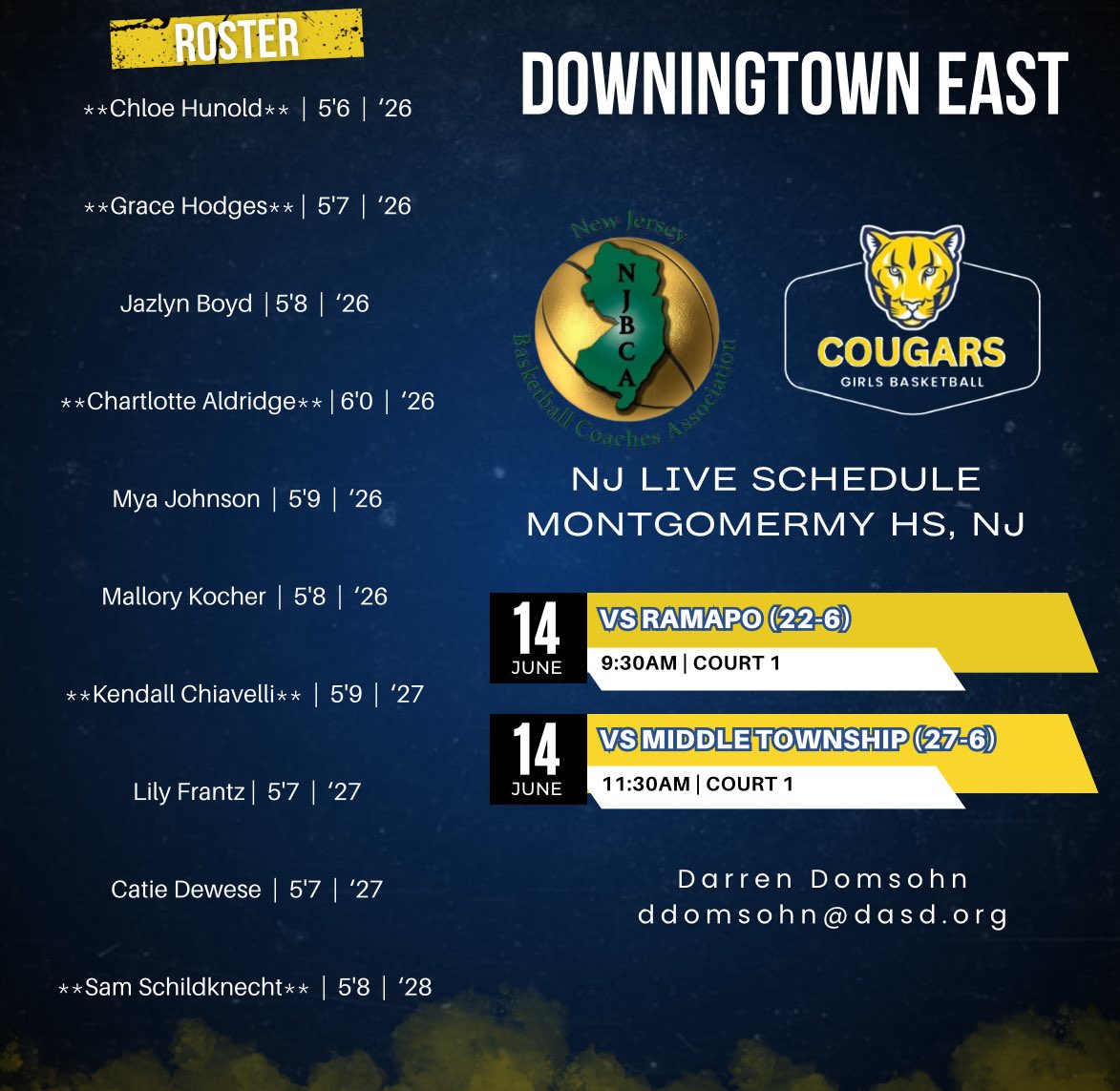 D'East Girls Basketball (@deastgirlsbball) on Twitter photo Check out our schedule for NJ LIVE this weekend!!!!
**player currently plays aau**
<a href="/charlottealdrg/">Charlotte Aldridge</a> - Books & Basketball
<a href="/chloehunold12/">Chloe Hunold</a> - <a href="/DistrictOneBA/">District One Basketball Academy 🏀</a>
<a href="/Gracehodges21/">Grace Hodges</a> - <a href="/LadyRunnin/">Lady Runnin Rebels</a>
<a href="/kendallchiavel3/">Kendall Chiavelli</a> - <a href="/LadyRunnin/">Lady Runnin Rebels</a>
Sam Schildknecht- <a href="/delcogoats/">Delcogoats</a> Check out our schedule for NJ LIVE this weekend!!!!
**player currently plays aau**
<a href="/charlottealdrg/">Charlotte Aldridge</a> - Books & Basketball
<a href="/chloehunold12/">Chloe Hunold</a> - <a href="/DistrictOneBA/">District One Basketball Academy 🏀</a>
<a href="/Gracehodges21/">Grace Hodges</a> - <a href="/LadyRunnin/">Lady Runnin Rebels</a>
<a href="/kendallchiavel3/">Kendall Chiavelli</a> - <a href="/LadyRunnin/">Lady Runnin Rebels</a>
Sam Schildknecht- <a href="/delcogoats/">Delcogoats</a>