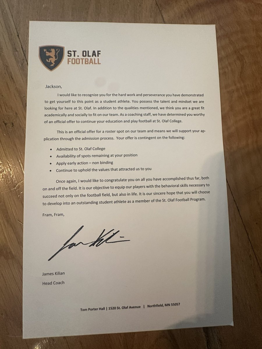 Jackson Koenig (@jacksonkoenig68) on Twitter photo #AGTG I am extremely blessed to announce that I have received my first offer to play college football at Saint Olaf College. Thank you so much <a href="/Coach_MPaulson/">Matthew Paulson</a> and <a href="/CoachLucasKlein/">Lucas Kleinschrodt</a> and the rest of the staff for believing in me!
<a href="/PrepRedzoneMN/">Prep Redzone Minnesota</a> <a href="/plhsfootball/">Prior Lake Football</a> <a href="/PLFBCoachG/">Coach Gegenheimer</a> #AGTG I am extremely blessed to announce that I have received my first offer to play college football at Saint Olaf College. Thank you so much <a href="/Coach_MPaulson/">Matthew Paulson</a> and <a href="/CoachLucasKlein/">Lucas Kleinschrodt</a> and the rest of the staff for believing in me!
<a href="/PrepRedzoneMN/">Prep Redzone Minnesota</a> <a href="/plhsfootball/">Prior Lake Football</a> <a href="/PLFBCoachG/">Coach Gegenheimer</a>