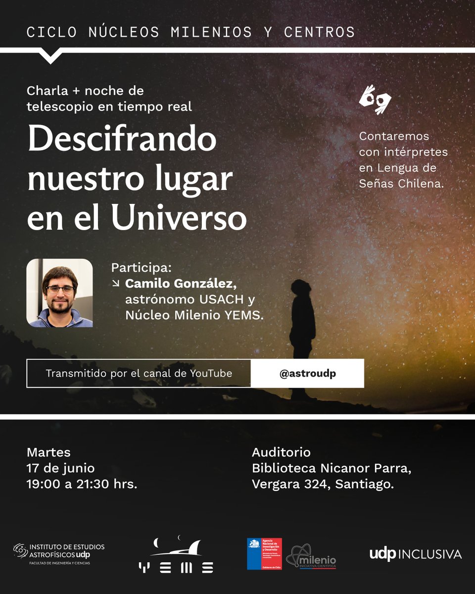 Facultad de Ingeniería y Ciencias UDP (@ingcienciasudp) on Twitter photo ¡Anótalo! ✍️ El próximo martes 17 de junio iniciamos un ciclo especial de Charlas y Noches de Telescopio en Tiempo Real con invitados de los distintos Núcleos Milenio y Centros en los que participan las y los astrónomos de <a href="/AstroUDP/">Instituto de Estudios Astrofísicos UDP</a>. ¡Anótalo! ✍️ El próximo martes 17 de junio iniciamos un ciclo especial de Charlas y Noches de Telescopio en Tiempo Real con invitados de los distintos Núcleos Milenio y Centros en los que participan las y los astrónomos de <a href="/AstroUDP/">Instituto de Estudios Astrofísicos UDP</a>.