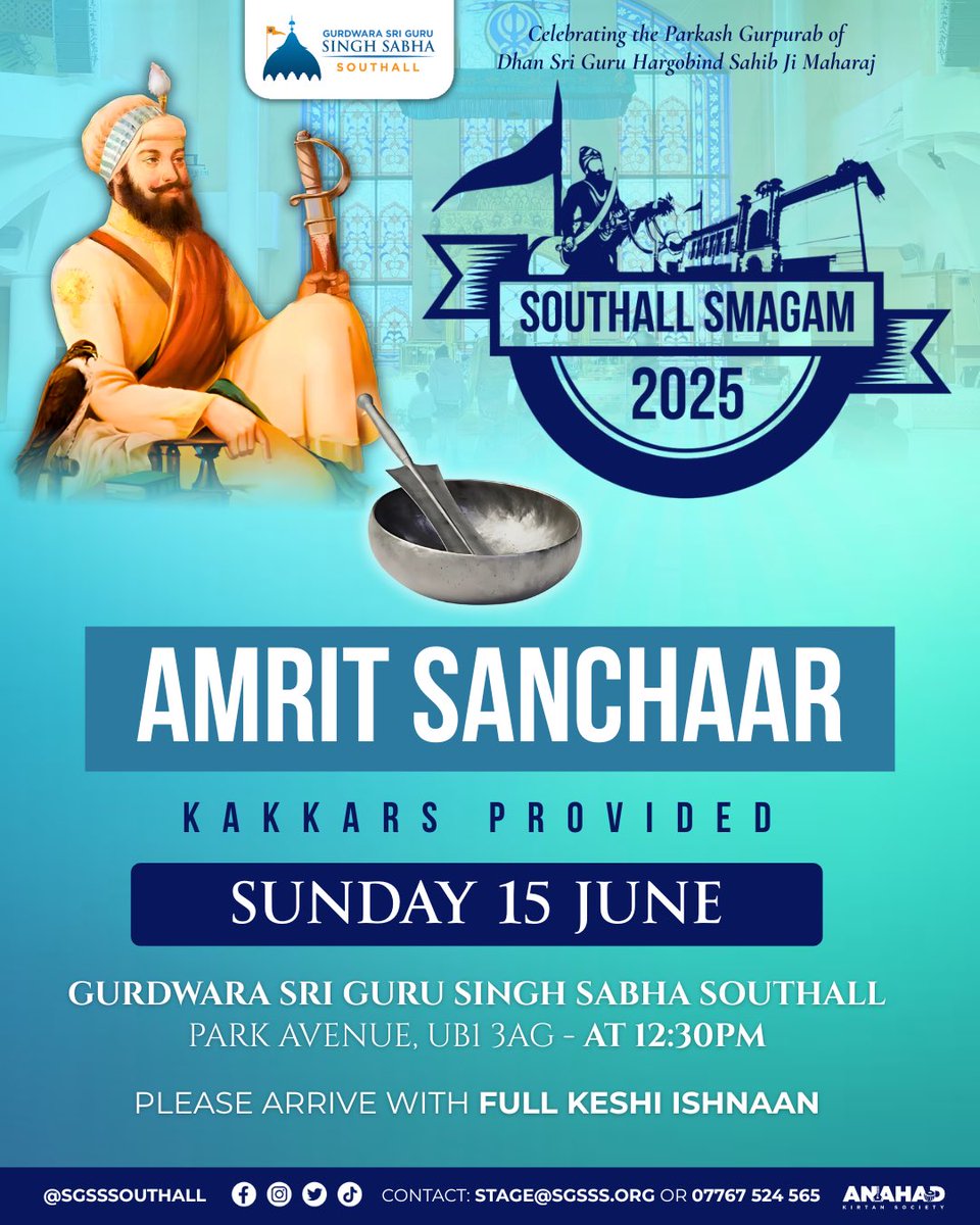 sgsssouthall's tweet photo. Amrit Sanchaar 🙏
📅 Sunday 15th June 2025
🕰️ At 12:30pm
📍 Park Avenue Gurdwara
Kakkars provided, please arrive with full keshi ishnaan.
#SGSSS #SGSSSouthall #AmritSanchaar #Sangat #Khalsa #PanjPyare #AmritBata #Smagam https://t.co/dRGKfHhmIY