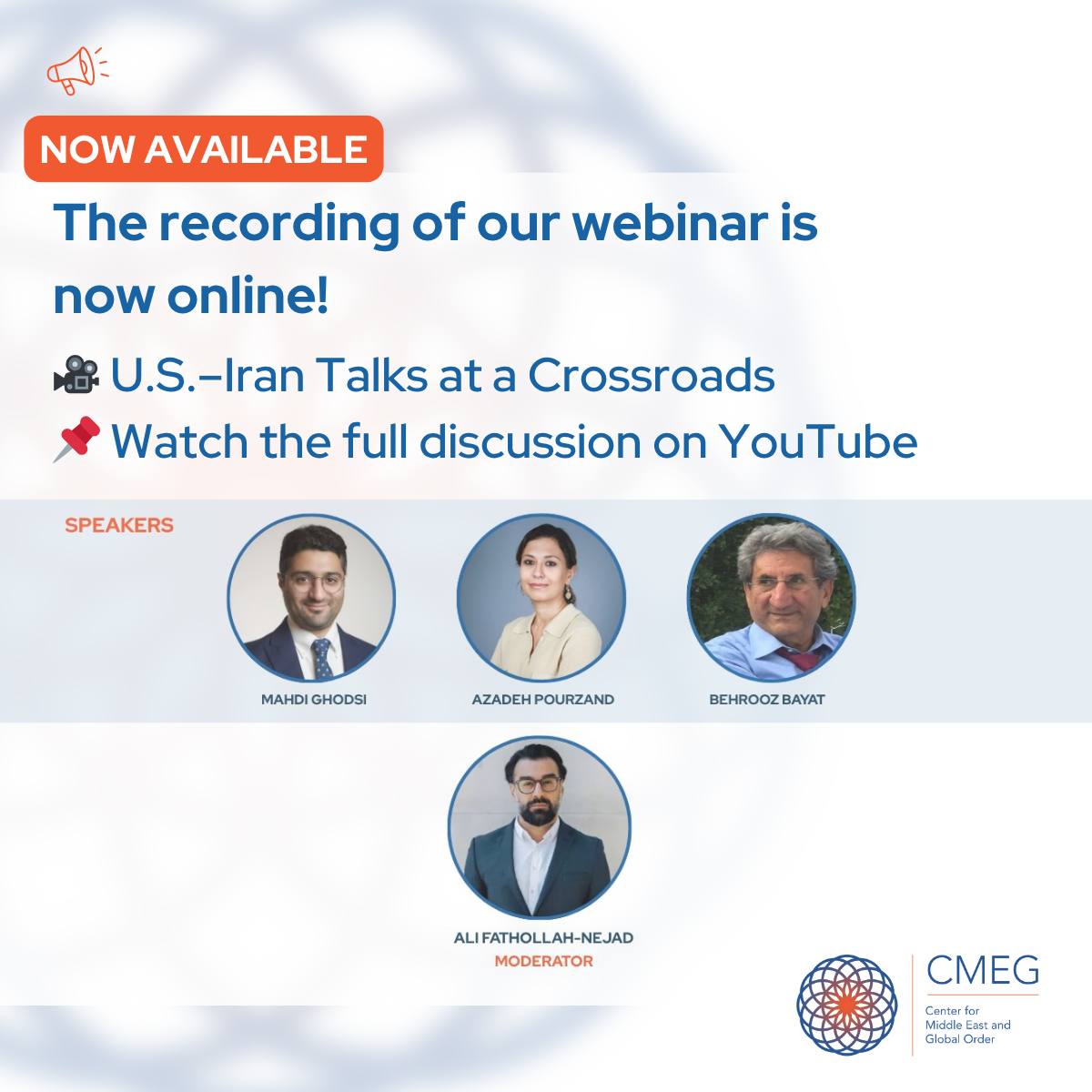 Center for Middle East and Global Order (CMEG) (@cmeg_mideast) on Twitter photo In our latest webinar, CMEG Senior Fellows discussed the #USIranTalks and the key issues sidelined.
With our distinguished speakers <a href="/MMGhodsi/">Mahdi Ghodsi</a>, <a href="/azadehpourzand/">Azadeh Pourzand</a>, and <a href="/behrooz_bayat/">Behrooz Bayat</a>, moderated by <a href="/AFathollahNejad/">Ali Fathollah-Nejad, PhD</a>.
🔗 Watch the full recording on YouTube: youtu.be/j8l4ecwogrs In our latest webinar, CMEG Senior Fellows discussed the #USIranTalks and the key issues sidelined.
With our distinguished speakers <a href="/MMGhodsi/">Mahdi Ghodsi</a>, <a href="/azadehpourzand/">Azadeh Pourzand</a>, and <a href="/behrooz_bayat/">Behrooz Bayat</a>, moderated by <a href="/AFathollahNejad/">Ali Fathollah-Nejad, PhD</a>.
🔗 Watch the full recording on YouTube: youtu.be/j8l4ecwogrs