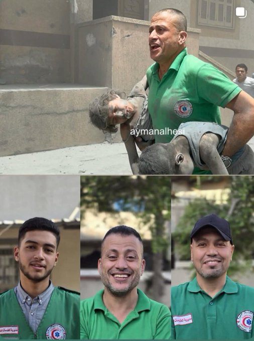 These are the paramedic heroes who were martyred while fulfilling their humanitarian duty. The criminal Israeli occupation spares no one — killing medics, children, women, and every soul that breathes. May the martyrs Hussein Muhaisen “Abu Faisal”, Baraa Afana, and Wael Al-Attar