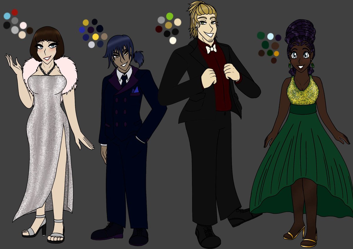 Hey everyone! Been in a ref sheet mood and I need to get these done for upcoming episodes so here’s the first page of party outfit refs for the FM crew! 🥳 
In order from left to right we have: Yuzu, Beau, Ronan, &amp; Mallory.