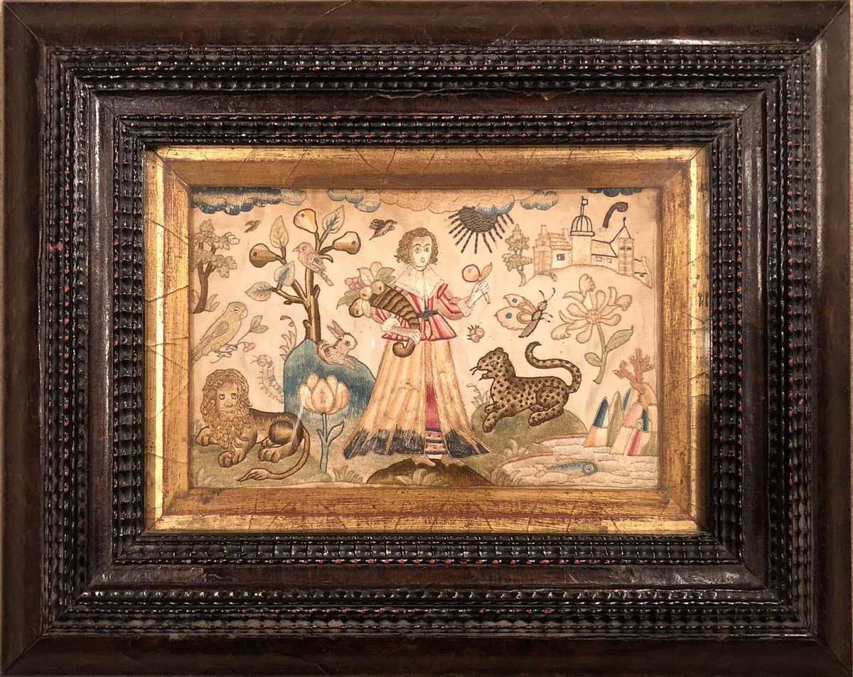 Here’s a lovely and petite mid-17th-century embroidered picture from our archive. In its centre is a figure holding fruit and a cornucopia, likely representing Plenty. She stands in a lush landscape full of animals and fruiting trees. Check out that spotted leopard!
