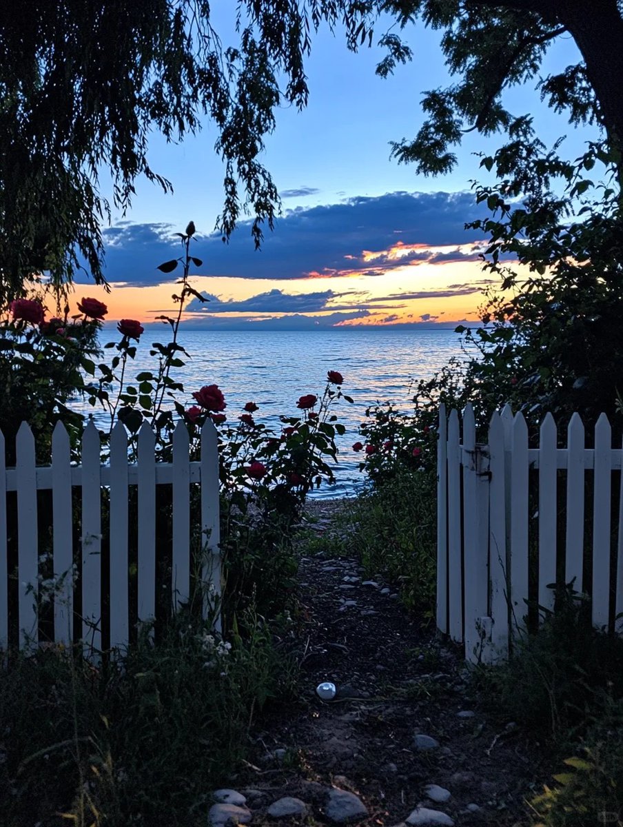 夜空の下、湖畔庭園の夜景〜