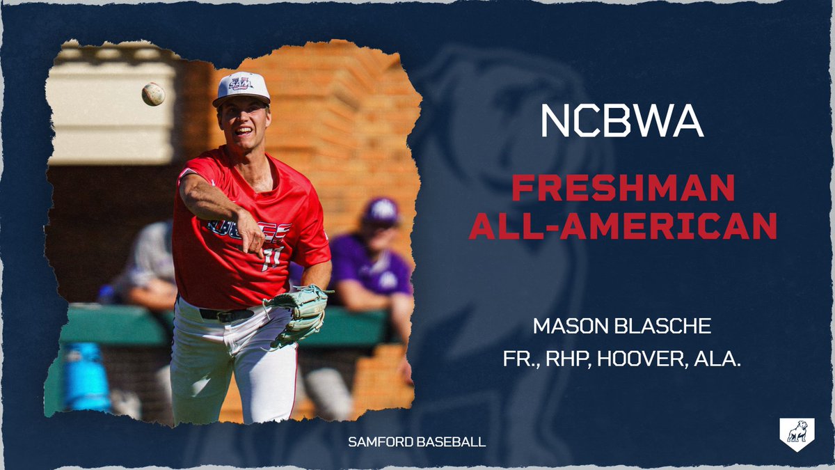 SamfordBaseball's tweet image. 🚨FRESHMAN ALL-AMERICAN🚨
Congratulations to Mason Blasche for being named second team Freshman All-American by the NCBWA!
📰: tinyurl.com/54vzmced
#SetTheStandard | #AllForSAMford