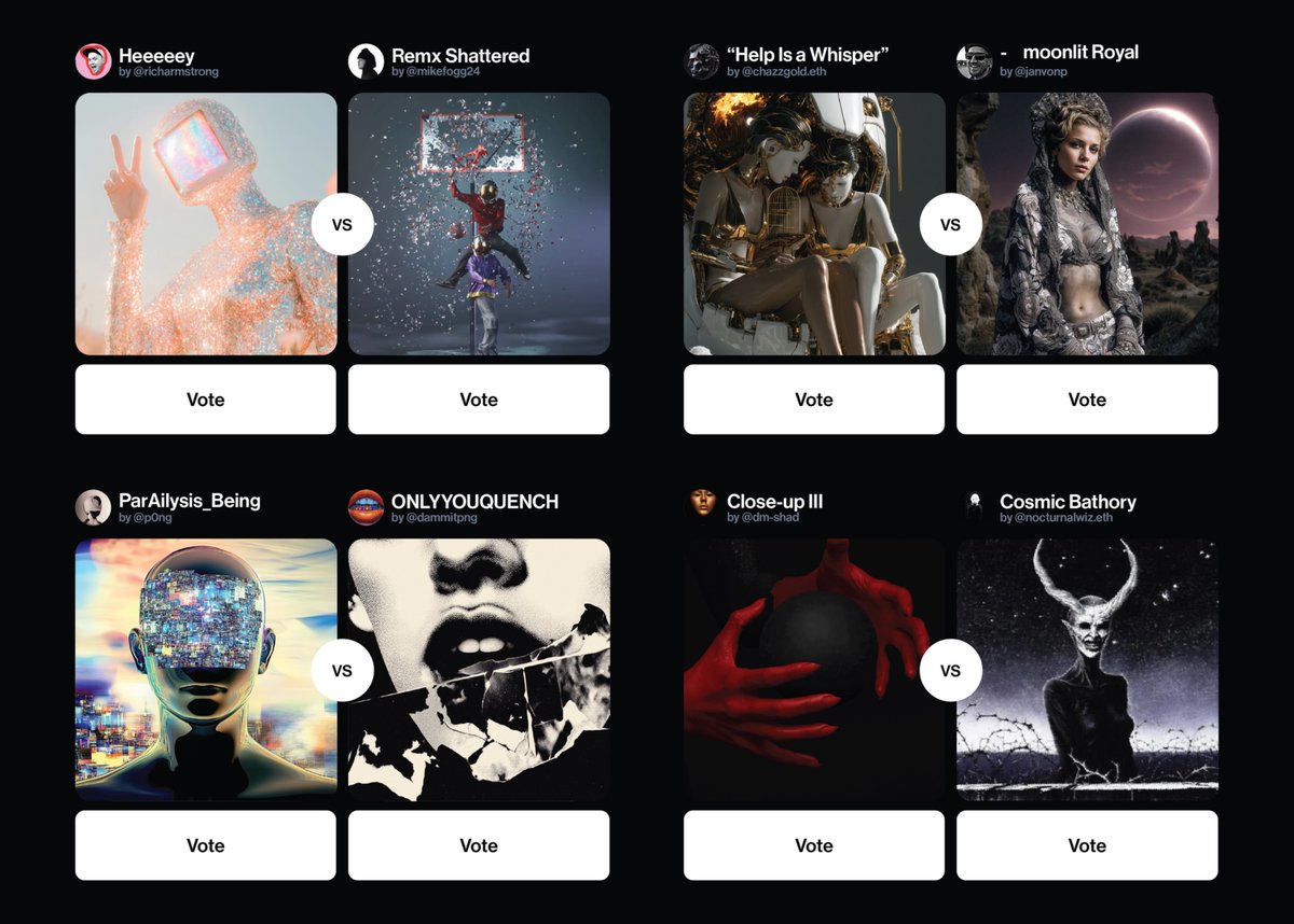 Have you cast your votes yet today?

Check out epic Duels from:
<a href="/richarmstr_ong/">Rich ✌️</a> vs <a href="/MikeFogg24/">Mike Fogg</a>
<a href="/chazz_gold/">Chazz Gold</a> vs <a href="/m_i_a_s_box/">Janne</a>
<a href="/r0bp/">p0ng</a> vs <a href="/dammit_png/">Dammit.png</a>
<a href="/dm_shad/">Shad</a> vs <a href="/dethember/">𝔇𝔢𝔱𝔥𝔢𝔪𝔟𝔢𝔯</a>

Vote now → farcaster.xyz/miniapps/j20Zr…