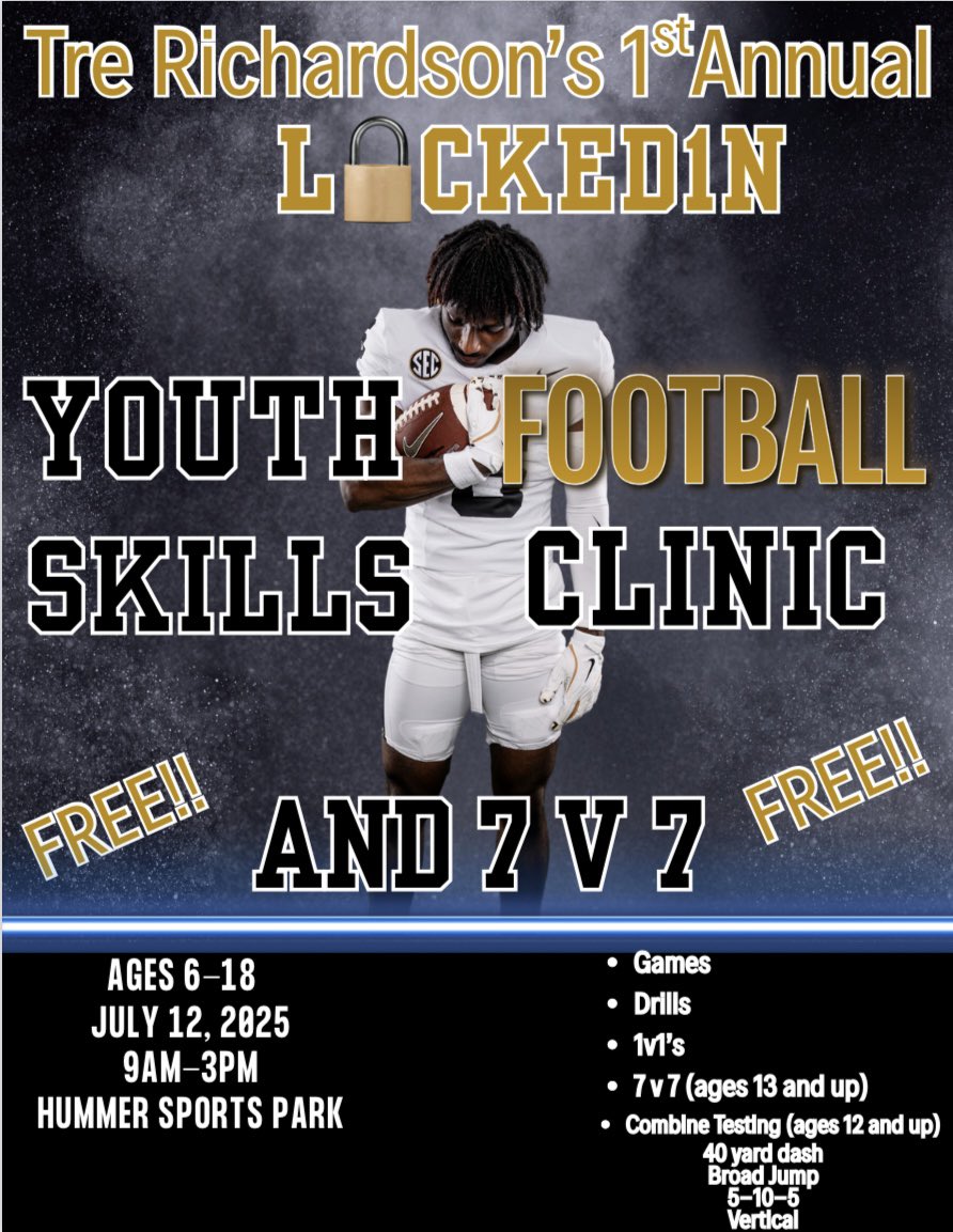 Trerich20's tweet image. BIG NEWS ALERT🚨 TOPEKA AND SURROUNDING AREAS!!
I WILL BE PUTTING ON MY 1ST EVER LOCKED1N YOUTH SKILLS CAMP AND 7 V 7 MINI TOURNEY ON JULY 12, 2025 and IT’S FREE! I will take care of everything that is needed💪🏾. Registration forms will be available soon. Topeka, let’s do this💪🏾💪🏾